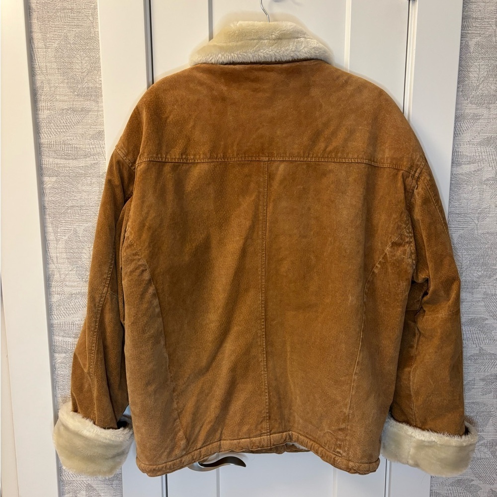 Leather Adult Sz XL Tan Leather Bomber Suede Jacket Coat Faux Fur Trim Boho - Picture 2 of 9